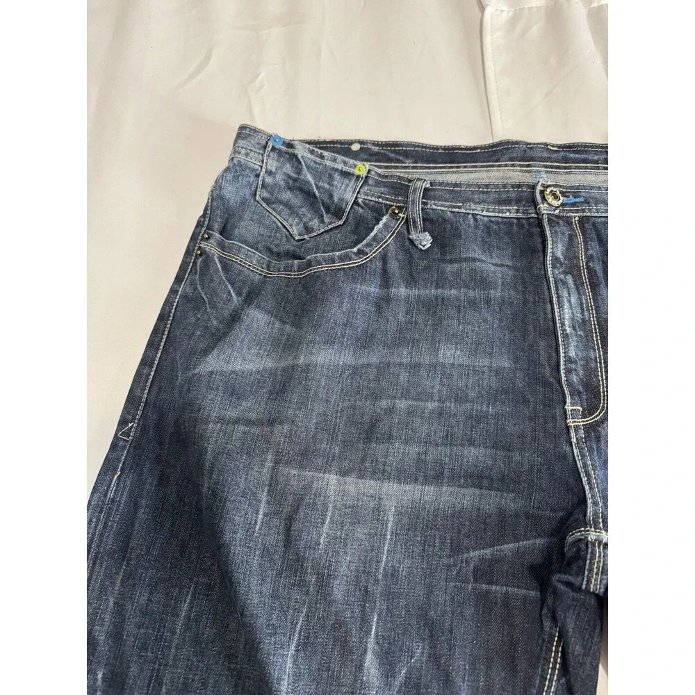 Artful Dodger Blue Jeans Embroidered Pockets Wide Leg Baggy Y2K Mens Size 42X33